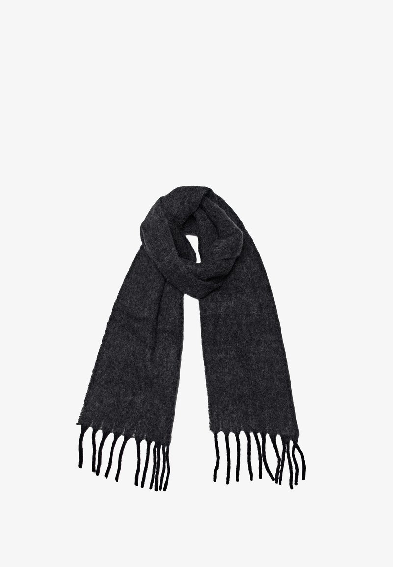 Sciarpa grigia scura realizzata in materiale morbido, caratterizzata da un design semplice con estremità frangiate per un tocco di texture. Forma rettangolare classica.