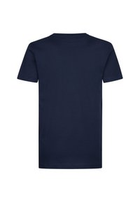 Tricou din bumbac bleu marin, mâneci scurte, guler rotund, croială standard, textură netedă, culoare uniformă fără modele sau detalii.