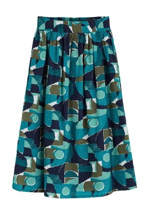 Una falda de longitud media con una cintura fruncida. Presenta un patrón geométrico en tonos verde azulado, azul marino y verde oliva, con tejido texturizado y acentos en blanco.