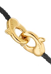 Bracelet en cuir noir tressé avec une boucle en or brillant, au design unique et aux détails gravés.