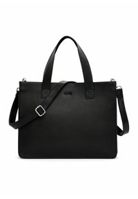 Czarna skórzana torba tote z podwójnymi uchwytami i regulowanym paskiem na ramię, o eleganckim prostokątnym kształcie i minimalistycznym designie.
