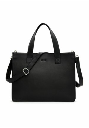 Czarna skórzana torba tote z podwójnymi uchwytami i regulowanym paskiem na ramię, o eleganckim prostokątnym kształcie i minimalistycznym designie.
