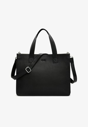 Czarna skórzana torba tote z podwójnymi uchwytami i regulowanym paskiem na ramię, o eleganckim prostokątnym kształcie i minimalistycznym designie.