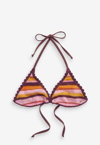 Strick-Bikinitop in Dreiecksform mit gewellten Kanten, das gestreifte Muster in den Farben Pink, Orange und Burgunder zeigt. Bindebänder am Hals und Rücken.