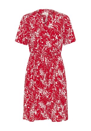 Rød og hvid blomsterprintet kjole med korte ærmer, V-udskæring, knapper foran og taljesamling.
