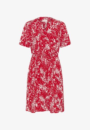 Rød og hvid blomsterprintet kjole med korte ærmer, V-udskæring, knapper foran og taljesamling.