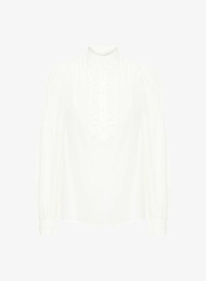 Weißes langärmliges Bluse mit hohem Kragen, gerafftem Vorderblende, Paspel_details und gerafften Schultern. Aus weichem, glattem Stoff und mit Knopfverschluss.