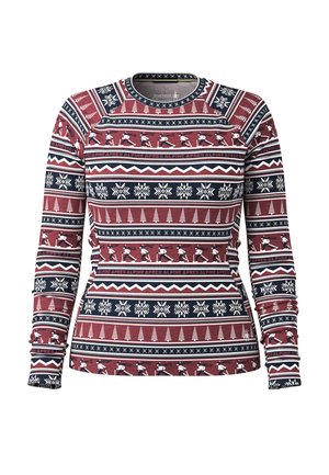 Langarmshirt met een rood, marineblauw en wit patroon met bomen, sneeuwvlokken en skifiguren; rekbare stof, ronde halslijn.