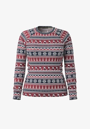 Langarmshirt met een rood, marineblauw en wit patroon met bomen, sneeuwvlokken en skifiguren; rekbare stof, ronde halslijn.