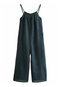 Dunkelblauer Leinen-Overall mit verstellbaren Spaghettiträgern, elastischem Taillenzug und weitem Bein. Glatte Textur mit lockerem Schnitt.