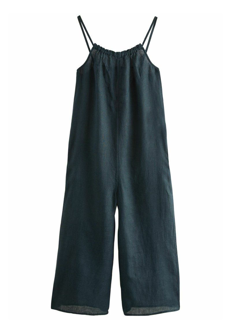Dunkelblauer Leinen-Overall mit verstellbaren Spaghettiträgern, elastischem Taillenzug und weitem Bein. Glatte Textur mit lockerem Schnitt.