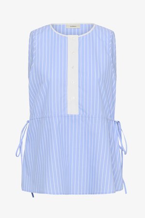 Light blue sleeveless blouse with vertical white stripes, white button placket, round neckline, and adjustable side ties.