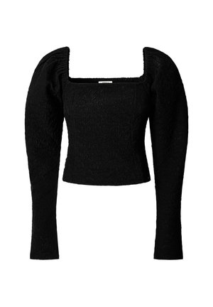 Zwart cropped top met lange, geplooide mouwen, voorzien van een textuurstof en een vierkante halslijn. Het ontwerp richt zich op een gestructureerde vorm en gedetailleerde textuur.