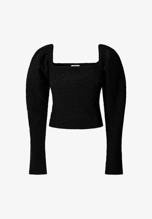 Top nero corto con maniche lunghe a sbuffo, realizzato in tessuto strutturato con scollo quadrato. Il design si concentra sulla forma strutturata e sulla texture dettagliata.