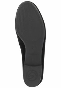 Scarpa in suede nero con suola in gomma testurizzata, caratterizzata da un bordo del tacco liscio e dettagli del logo impresso sul fondo.