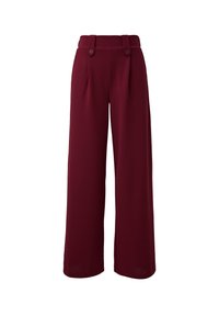 Bordeauxfarbene, weit geschnittene Hosen mit strukturiertem Finish, hoher Taille, zwei Knöpfen und vorderen Falten für zusätzliche Details und Struktur.