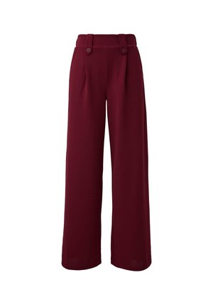 Burgundy wide-leg pants with a textured finish, featuring a high waist, two buttons, and front pleats for added detail and structure.