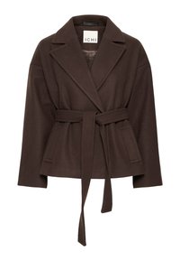 Cappotto in misto lana marrone con ampi risvolti, maniche lunghe e tasche laterali a fessura, corto in vita.