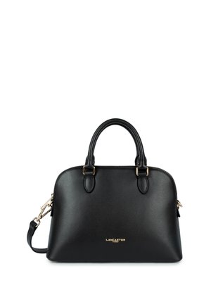 Borsa a tracolla nera in pelle con forma strutturata, doppio manico superiore, tracolla removibile e hardware in tono oro. Presenta un logo impresso.