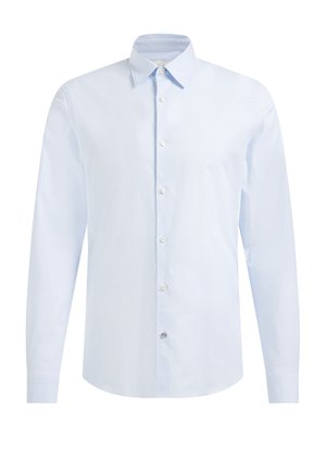 Camicia a maniche lunghe di colore azzurro chiaro, realizzata in cotone. Presenta un colletto standard, bottoni frontali e una vestibilità slim. Texture liscia.