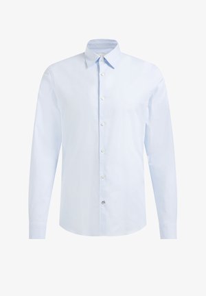 Vaaleansininen pitkähihaisten nappipaitojen paita, joka on valmistettu puuvillasta. Siinä on tavallinen kaulus, etunapit ja muotoiltu istuvuus. Sileä pinta.