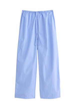 Pantalons larges bleu clair en tissu doux avec des rayures blanches verticales. Dispose d'une taille élastique avec un cordon de serrage pour ajustement.