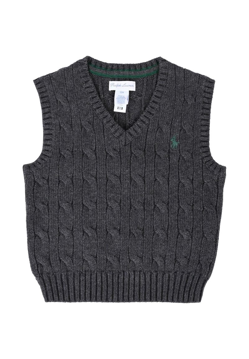 Szary sweter bez rękawów z dzianiny w splot warkoczowy, z dekoltem w kształcie litery V, prążkowanym wykończeniem i małym zielonym logo z przodu. Wykonany z teksturowanego materiału dzianinowego.