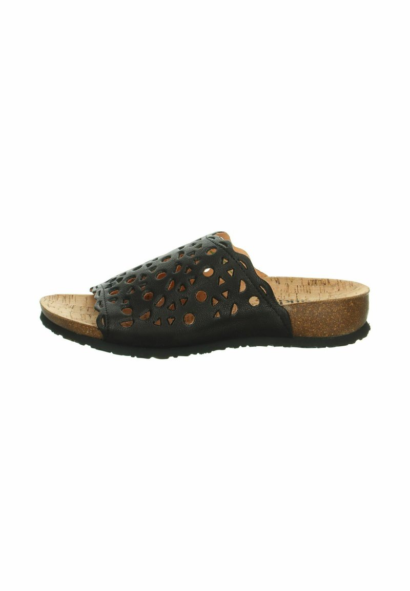 Zwarte leren slip-on sandaal met uitsnijdingen, kurken voetbed en rubberen buitenzool. Heeft een gladde textuur en een open teen ontwerp.