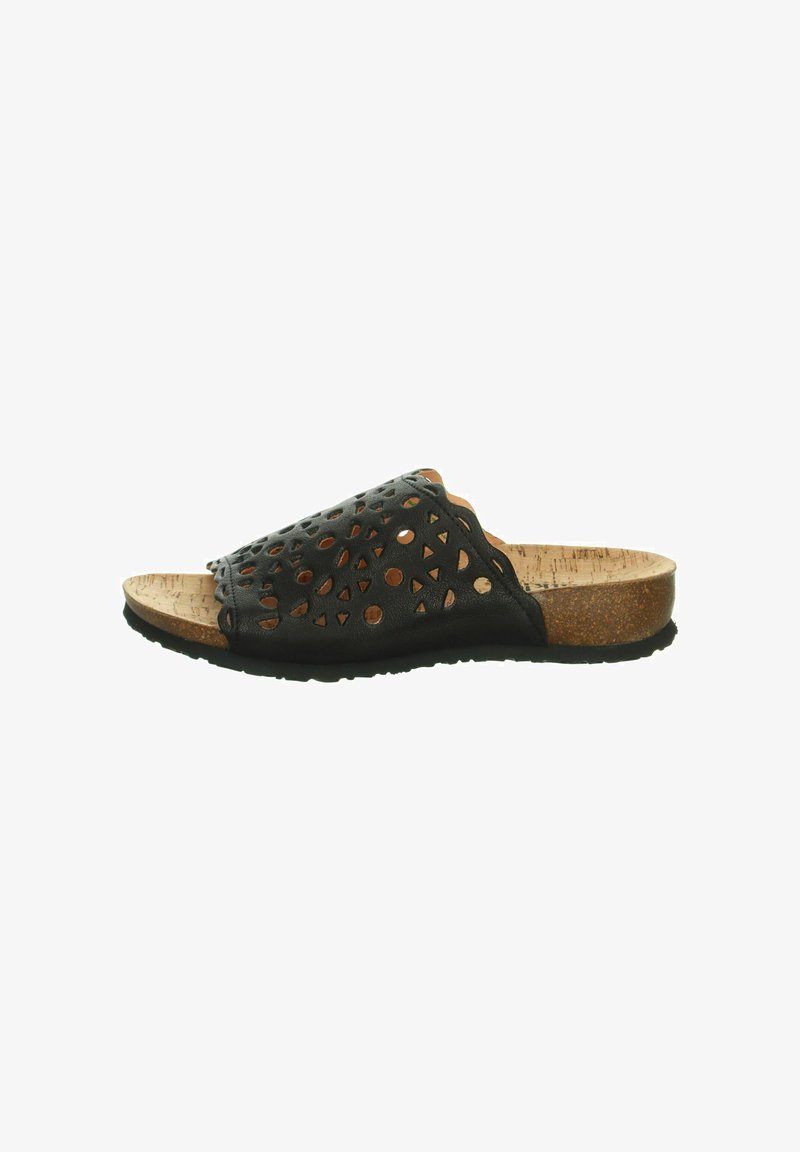 Zwarte leren slip-on sandaal met uitsnijdingen, kurken voetbed en rubberen buitenzool. Heeft een gladde textuur en een open teen ontwerp.