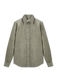 Cămașă din corduroy de culoare verde măslin, cu guler căptușit, mâneci lungi și placket frontal cu șase butoane. Textură moale și tiv drept.