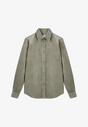 Olijfgroene corduroy overhemd met een button-down kraag, lange mouwen en een voorkant met zes knopen. Zachte textuur en rechte zoom.