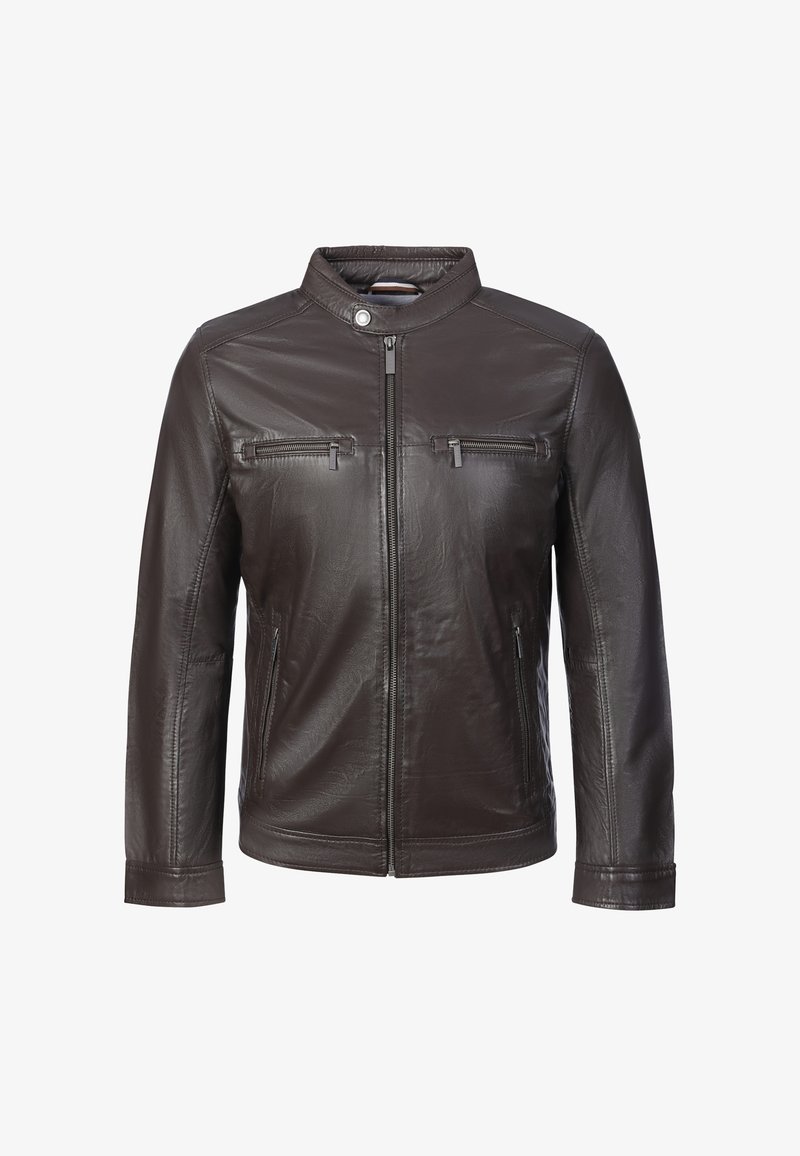 Giacca in pelle marrone scuro con zip frontale, due tasche sul petto con cerniera, due tasche laterali e collo con bottone a pressione.