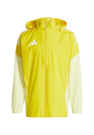 Gelbe leichte Jacke mit Kapuze, weißen Akzenten und Reißverschluss. Verfügt über elastische Bündchen und Seitentaschen. Entworfen für den Outdoor-Einsatz.