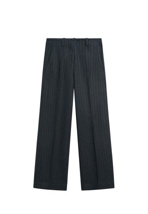 Pantaloni blu navy con sottili righe verticali, tasche frontali, passanti per cintura e design a gamba dritta.