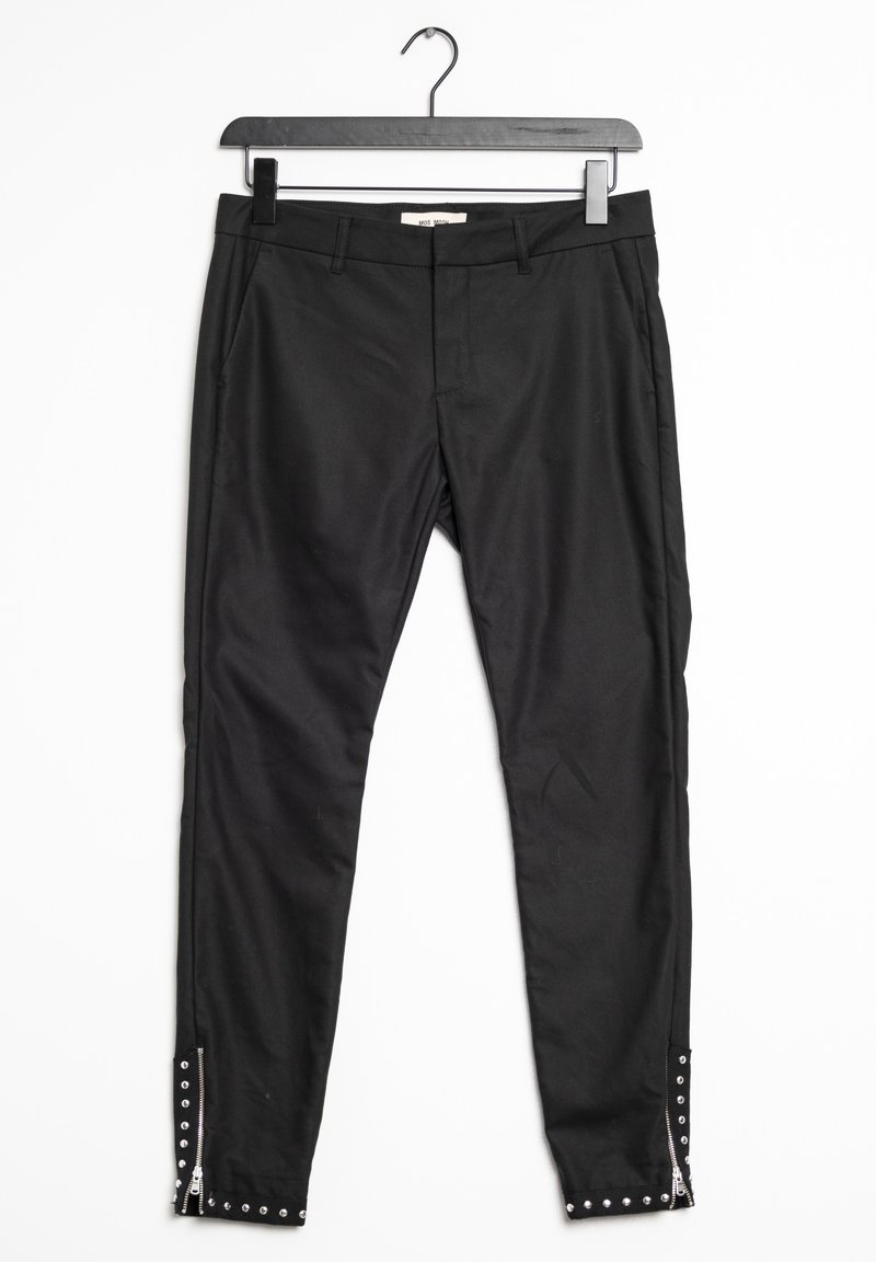 Svarta åtsittande byxor med framfickor, med dragkedjor och nitar vid ankeln. Tillverkade av ett glatt tyg med en elegant design.