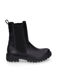 Černé kožené kotníkové boty s elastickými postranními panely, robustní gumovou podrážkou a poutkem. Hladká textura s viditelným švem.