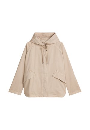 Beige Kapuzenjacke mit langen Ärmeln, Frontreißverschluss unter einer Blende, Kapuze mit Kordelzug und schrägen Klappentaschen auf beiden Seiten.