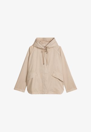 Beige Kapuzenjacke mit langen Ärmeln, Frontreißverschluss unter einer Blende, Kapuze mit Kordelzug und schrägen Klappentaschen auf beiden Seiten.