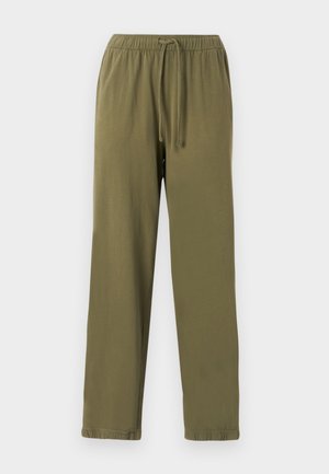 Jasnozielone, lekkie spodnie dresowe z elastyczną talią, regulowanym sznurkiem i mankietami na dole. Gładki materiał bawełniany.