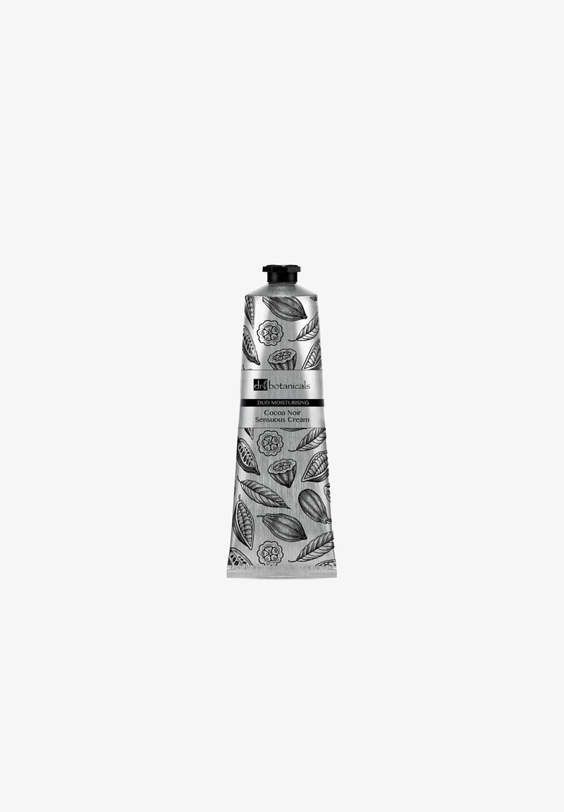 Dr Botanicals Duo Moisturising Cocoa Noir Sensuous Cream tube with cocoa pod and leaf illustrations on silver packaging.