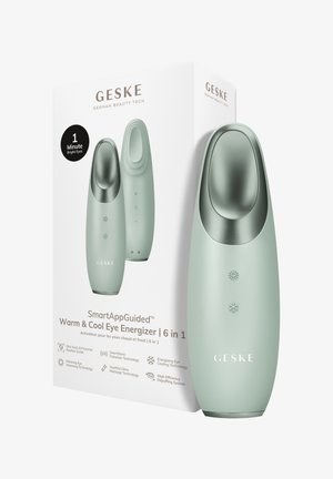 GESKE warm en koel oogenergizer apparaat met metalen applicator, bedieningselementen en productverpakking met functies en 6-in-1 functies.