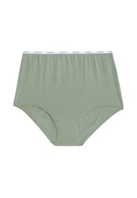 Dámské kalhotky s vysokým pasem světle zelené barvy s bílým elastickým pasem, na kterém je opakující se šedý nápis "BODY".