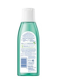 Clear plastic bottle with a white flip-top cap, containing a teal toner. Back label features ingredient list and eco-friendly icons. 200 ml.