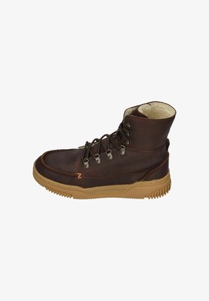 Brown leather ankle boots with a textured finish, cream lining, metal eyelets, and gum rubber outsole featuring traction ridges.