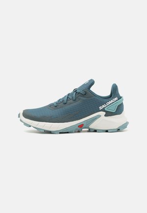 Chaussure de sport bleu sarcelle et grise avec semelle blanche, design à lacets et logo "SALOMON" sur le côté du talon. Semelle extérieure robuste pour la course sur sentier.