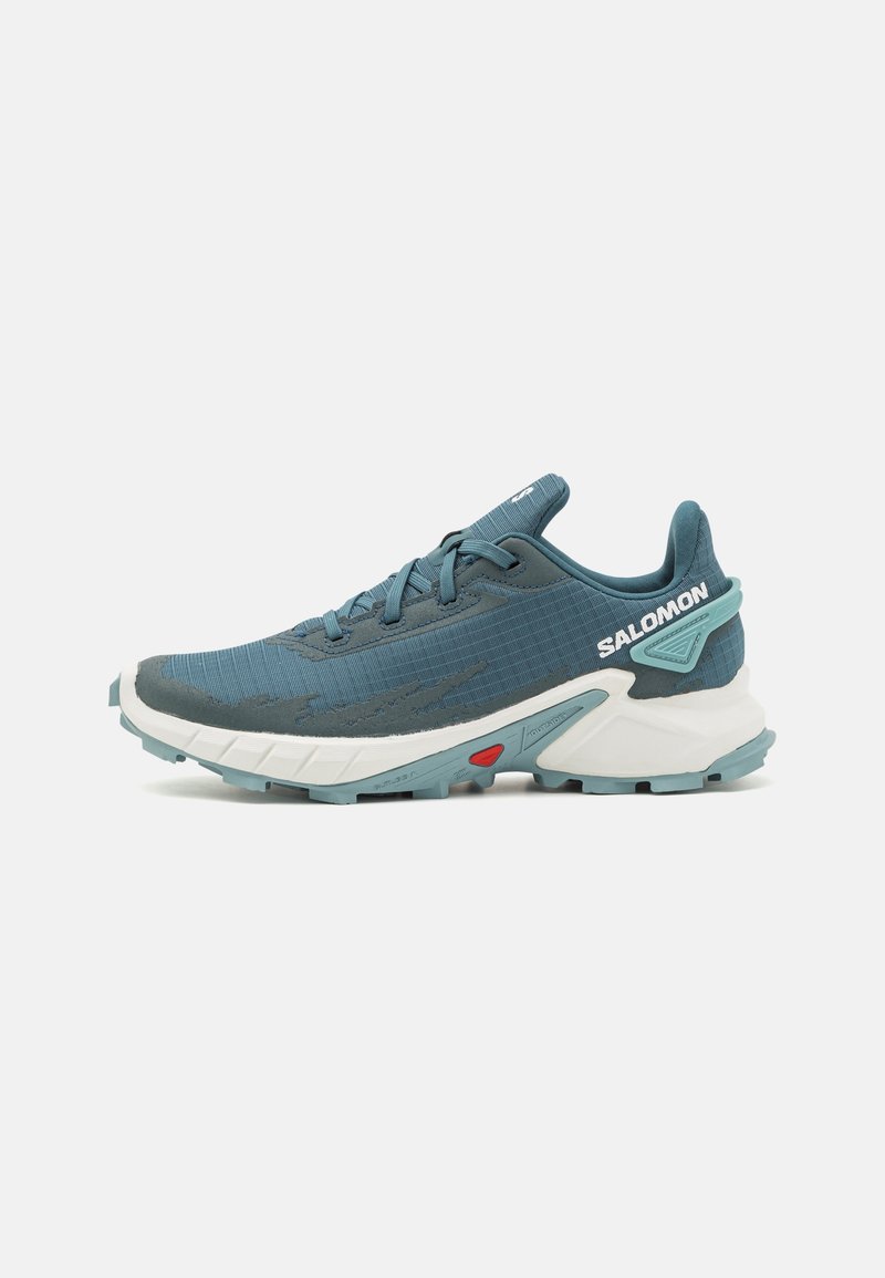 Chaussure de sport bleu sarcelle et grise avec semelle blanche, design à lacets et logo "SALOMON" sur le côté du talon. Semelle extérieure robuste pour la course sur sentier.