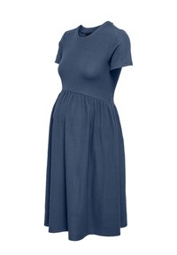 Μπλε ριμπ φόρεμα εγκυμοσύνης με κοντά μανίκια, με σφίξιμο στη μέση και φούστα μήκους μέχρι το γόνατο, εμφανιζόμενο σε μαριονέτα χωρίς κεφάλι.