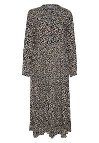 Robe midi noire à manches longues avec petit imprimé floral blanc, orange et jaune et col rond.