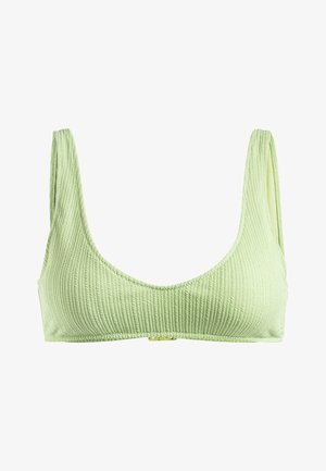 Zöld, bordázott bikini felső széles pántokkal, kerek nyakkivágással és kapcsos záródással. Texturált anyag, puha tapintással.