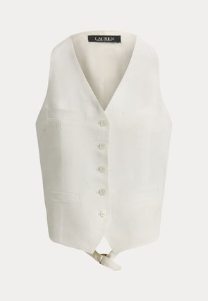 Λευκό αμάνικο γιλέκο με κουμπιά, V-λαιμόκοψη, τέσσερα κουμπιά μπροστά, δύο θήκες στο στήθος και ρυθμιζόμενο πίσω λουρί, με ετικέτα Lauren Ralph Lauren.